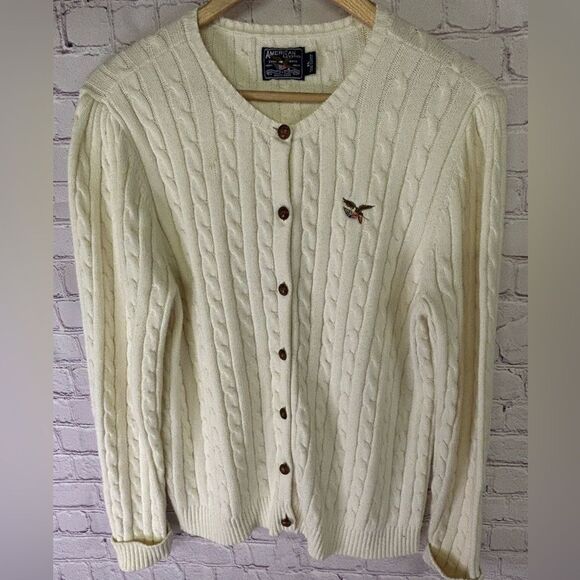 American Living Cream Academia Preppy Classic Cable Knit Cardigan Sweater XL - Picture 1 of 8
